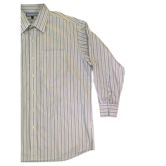 Tommy Hilfiger Shirt Mens Large White w/Brown Blue Striped Long Sleeve Button Up - Picture 9 of 9